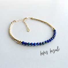 This beautiful lapis lazuli gemstone bracelet is handcrafted with 4mm natural lapis lazuli beads. The gold beading is done with high quality Japanese Miyuki Duracoat delica seed beads. The larger round gold beads are 14k gold filled for lasting quality. A 14k gold filled spring clasp completes the look. It's the perfect bracelet for layering or wearing all on its own! It's simple, yet elegant design makes it a great option for every day wear. This bracelet can be purchased in either 14k gold fil Gold Lapis Lazuli Jewelry With Polished Beads, Adjustable Lapis Lazuli Gemstone Beaded Bracelets, Lapis Lazuli Bracelet With Natural Stones, Adjustable Minimalist Lapis Lazuli Jewelry, Minimalist Adjustable Lapis Lazuli Jewelry, Handmade Minimalist Lapis Lazuli Jewelry, Adjustable Lapis Lazuli Beaded Bracelet With Faceted Beads, Sapphire Lapis Lazuli Beaded Bracelets, Sapphire Lapis Lazuli Gemstone Beaded Bracelets