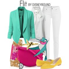 a woman in white pants and green jacket with pink purse, yellow shoes and blue blazer