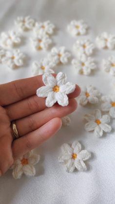 a hand holding a tiny white flower on top of a bed of crocheted flowers