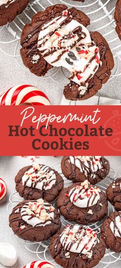 peppermint hot chocolate cookies on a cooling rack with candy canes and marshmallows