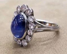 Platinum Vintage  ring natural  blue sapphire 7.35ct GIA cert Blue Cabochon Sapphire Ring, Blue Sapphire Ring Oval Cabochon, Cabochon Sapphire Ring, Vintage Tiffany, Diamonds Ring, 18k Gold Ring, 18k Yellow Gold Ring, Lovely Ring, Natural Blue Sapphire