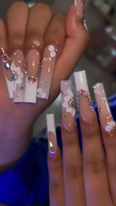 Nails Inspo Baddie White, Best Acrylic Nails White, White Nails With Designs Prom, Long Nail Inspo Baddie Simple, Square Acrylic Nails Matte, Baddie Birthday Nails Coffin, Long Acrylic Nails Gems, White Prom Nails Square, Quince Acrylic Nails