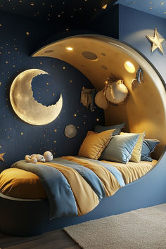 a child's bedroom decorated in blue, yellow and white with stars on the ceiling