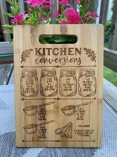 a wooden cutting board with instructions on how to use the kitchen condiments for cooking