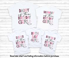 "Family matching birthday girl shirts, birthday shirts for family, boho birthday girl shirts, mom and dad shirts, sister brother shirts 7-80 This listing is for a birthday shirt or family member birthday shirt. Please read all the information before placing an order. How to order (A single or multiple shirts) 1- Select size from the 1st drop down menu. 2- From the second drop down menu select who the shirt is for: \"mommy\", \"daddy\", \"birthday boy\" etc. 3. If purchasing a birthday girl shirt Birthday Shirts For Family, Mom And Dad Shirts, Girl Shirts, Dad Shirts, Brother Birthday, Brother Shirts, Boho Birthday, Birthday Girl Shirt, Sister Birthday