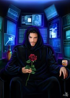 a painting of a man sitting in a chair holding a rose and looking at the camera