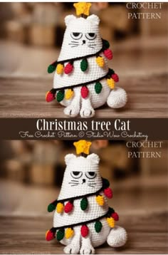 two crocheted christmas tree cats sitting next to each other