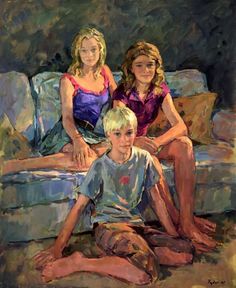 a painting of two women and a boy sitting on a couch in front of each other