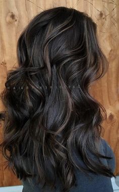 Dark Hair With Definition, Dark Lowlights For Brunettes, Dark Brown With Black Lowlights, Dark Brown To Black Hair, Brunette With Black Lowlights, Dark Brown With Black Highlights, Brunette With Black Highlights, Black Hair And Brown Highlights, Subtle Brown Balayage On Dark Hair