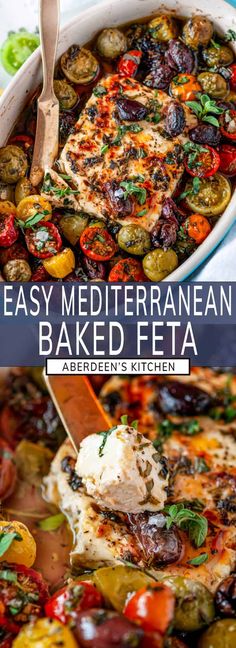 an easy mediterranean baked feta recipe in a casserole dish