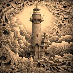 an artistic drawing of a lighthouse in the ocean with waves coming up from it's sides