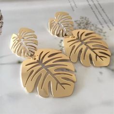 Monstera Leaf Drop Earring Light Weight With Golden Tone Leaf-shaped Earrings For Summer, Monstera Leaf, Drop Earring, Metal Earrings, Jewelry Earrings, Women Jewelry, Drop Earrings, Gold, Women Shopping