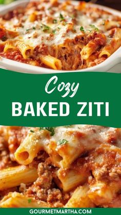 baked ziti with meat and cheese in a casserole dish