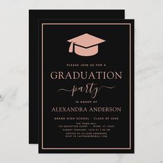 a graduation party card with a black background and gold lettering