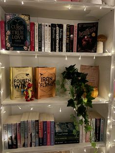 a book shelf filled with lots of books next to a potted plant on top of a table