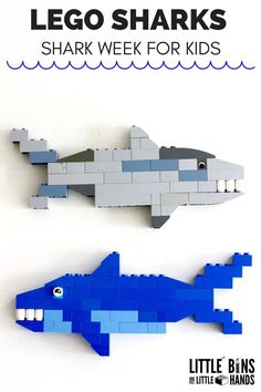 two lego sharks made out of blue and gray bricks