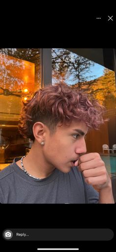 Peach Curls Men, Curly Hair Colour Ideas Men, Men Red Dyed Hair, Colored Curly Hair Men, Dye Hair Men Ideas, Mens Dyed Hair Ideas Curly, Man Hairstyle Color, Mullet Hair Dye Men, Men Color Hair Ideas