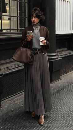 Casual Chic Skirt Outfits, Elegant Midi Skirt Outfit, Pleated Wool Skirt Outfit, Sea Green Outfit Color Combos, Gray Color Combinations Outfit, Dinner With Friends Outfit Winter, Long Skirt With Jacket, Grey And Brown Outfit, Statement Pieces Clothing