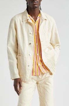 The British haberdasher draws inspiration from traditional workwear in this cotton-and-linen chore jacket detailed with an embroidered apple at the chest. 29 1/2" length (size 46) Front button closure Spread collar Front patch pockets 78% cotton, 22% linen Machine wash, line dry Made in Portugal Designer Clothing Chore Jacket, Mens Outerwear, Outerwear Jackets, Cotton Linen, Drake, Designer Clothing, Work Wear, Portugal, Coats Jackets