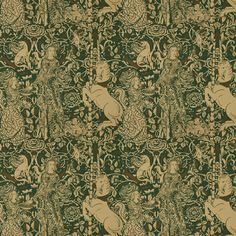 an intricately designed wallpaper with cats and other animals in gold on dark green