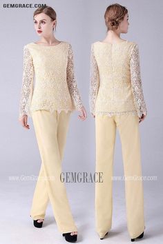 10% off now|Free shipping world-wide. Yellow with Lace Mother Of The Bride Trouser Outfits Petite with Long Sleeves at GemGrace. Click to learn our pro custom-made service for wedding dress, formal dress. View #MotheroftheBrideDresses for more ideas. Elegant Long Sleeve Dress For Mother Of The Bride, Long Sleeve Lace Mother Of The Bride Dress, Elegant Long Sleeve Lace Set, Elegant Lace Long Sleeve Set, Long Sleeve Lace Sets For Wedding, Lace Wedding Sets With Long Sleeves, Mother Of The Bride Trousers, Mother Of The Bride Looks, Delicate Gown