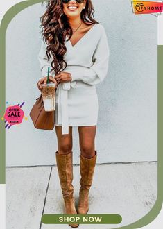 V Neck Off Shoulder Mini Dress Ivory Sweater Dress, Bohemian Dress Long Sleeve, Off Shoulder Mini Dress, Event Outfit, Pleated Maxi Dress, Style Mistakes, Womens Maxi Dresses, Sweater Weather, Everyday Outfits