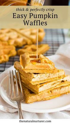 stack of pumpkin waffles on a white plate with text overlay that reads thick & perfectly crisp easy pumpkin waffles