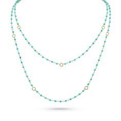 sloan 42 inch delicate gemstone layering necklace in sleeping beauty turquoise <span class='visuallyhidden'>Contact the Beverly Hills store at 323-404-2959 or through this website for assistance.</span> Elegant Turquoise Jewelry For Layering, Gold Color Combination, Sleeping Beauty Turquoise, Yellow Gold Chain, Layering Necklace, Blue Necklace, Light Blue Color, Turquoise Beads, Layered Necklaces