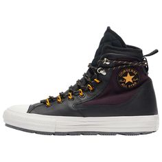 Turn your dream adventures into reality with the Converse Chuck Taylor All Star All Terrain. Blending protective and warm materials, these shoes spark the creative wanderer in you and allow you to venture out in style. Featuring dark, seasonal, and vibrant pop of colors, these shoes are versatile enough to let you explore the city, mountains, and beyond. About 52% recycled, non-wicking canvas keeps you dry and creates a green ecosystem, while a waterproof, warmth-lined bootie provides an extra l Insulated Lace-up Waterproof Boots For Streetwear, Rugged High-top Weatherproof Sneakers, Black Sneakers For Adventure, Insulated Low-top Sneakers For Outdoor Activities, Outdoor Converse Sneakers With Rubber Toe Cap, Durable High-top Adventure Boots, Black Outdoor Sneakers With Rubber Toe Cap, Converse Lace-up Boots For Outdoor Activities, Outdoor Black Sneakers With Rubber Toe Cap