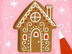 a drawing of a gingerbread house with a pencil in it's mouth and snowflakes on the ground