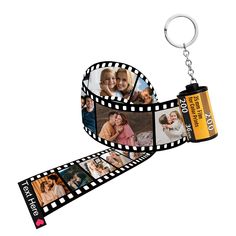 a film strip keychain with pictures on it and a camera attached to the lanyard