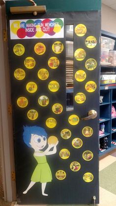 a door with stickers on it in a store