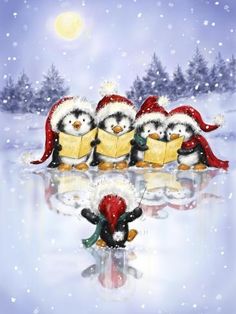 three penguins in santa hats are sitting on the ice and one penguin is holding a piece of paper