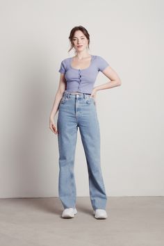 "Embrace The Lilac Trend In Our Shelley Purple Knit Button Up Crop Top. This Short Sleeve Button Up Ribbed Crop Top Features A Subtle Plaid And Pairs Well With Your Favorite Denim." Purple Top Outfit Ideas, Purple Top And Jeans Outfit, Purple Crop Top Outfit, Lavender Top Outfit, Purple Top Outfit, Blue Sweater Outfit, Polo Crop Top, Lavender Tops, Cream Pants