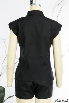 Olivia Mark - Elegant Black Two-Piece Set with Patchwork Design, Buckle Detail, and Sophisticated Turndown Collar – Sleeveless and Versatile for Casual Wear Sleeveless Black Office Blouse, Black Sleeveless Office Top, Black Sleeveless Tops For Work, Black Sleeveless Top For Workwear, Black Cotton Vest For Work, Black Cotton Sleeveless Blouse, Black Sleeveless Cotton Blouse, Sleeveless Black Cotton Blouse, Black Two Piece Set