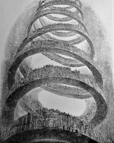 a pencil drawing of a spiral staircase in the shape of a tree with people on it