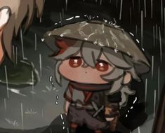 an anime character standing in the rain