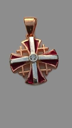 Jerusalem Cross Pendant Silver Plated Yellow Gold Red enamel TOP QUALITY      #Handmade #Collar Religious Jewelry, Yellow Gold