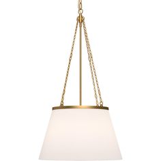 a brass chandelier with a white fabric shade hanging from the front and side