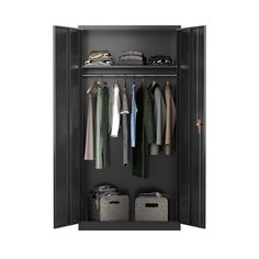 an open closet with clothes hanging in it