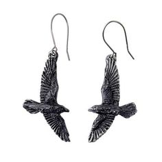 Black Raven Earrings | Huginn and Muninn Hanging / Dangling Earrings Price includes one pair of earrings. Material: Black English pewter with surgical steel ear-wires. Size: Aprox. 0.6" (16mm) wide x 1.4" (36mm) tall (excluding hoop). Worldwide shipping available!US Customers: Typically ships in 1 business day, delivers in 2-5 days.Outside of US: See shipping options during checkout.Share on social media: Pewter Earrings, Alchemy Gothic, Black Birds, Black Raven, Jewelry Box Diy, Gothic Earrings, Goth Jewelry, Your Character, Gothic Jewelry