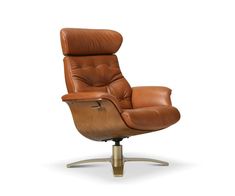 a brown leather office chair sitting on top of a metal base with an arm rest