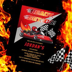 a birthday party with flames and race cars