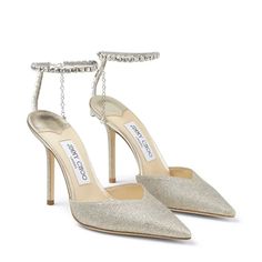 Platinum Ice Dusty Glitter Pumps with Crystal Embellishment | SAEDA 100 | Spring Summer 2021 | JIMMY CHOO Jimmy Choo Saeda, High Heel Gladiator Sandals, Gladiator High Heels, Glitter Pumps, Ankle Chain, Sparkle Jewelry, Crystal Chain, Dolce E Gabbana, Fashion Heels