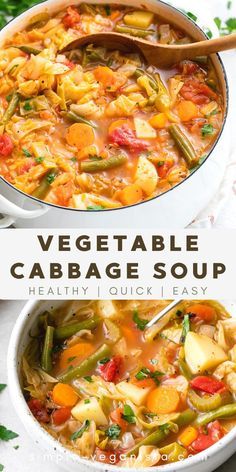 vegetable cabbage soup in a white bowl with a wooden spoon and title text overlay