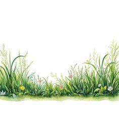 watercolor painting of grass and flowers on a white background