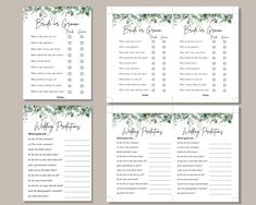 wedding checklist with greenery on the back and green leaves on the front, set of four