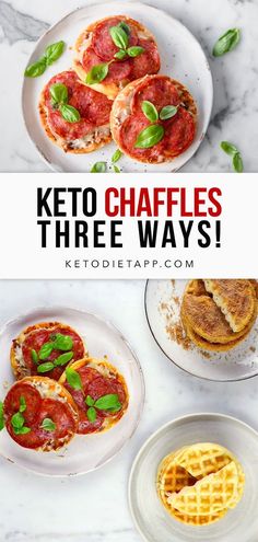 the keto waffles are topped with tomato sauce and basil