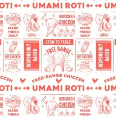 a red and white poster with different types of food on it's sides, including chicken