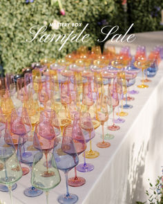 many wine glasses are lined up on a table with the words sample sale written above them